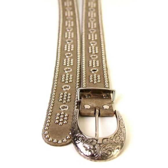 GOLD GENUINE LEATHER 1.5"Wd SILVER STUDDED CASUAL DRESS WOMEN'S BELT Sz M (T37 - Picture 5 of 6